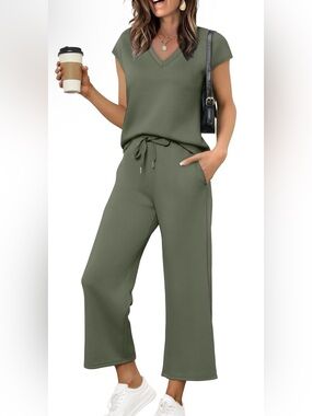 Saloogoe Two Piece Sets for Women Summer Outfits Lounge Sets V Neck Tops Wide Le